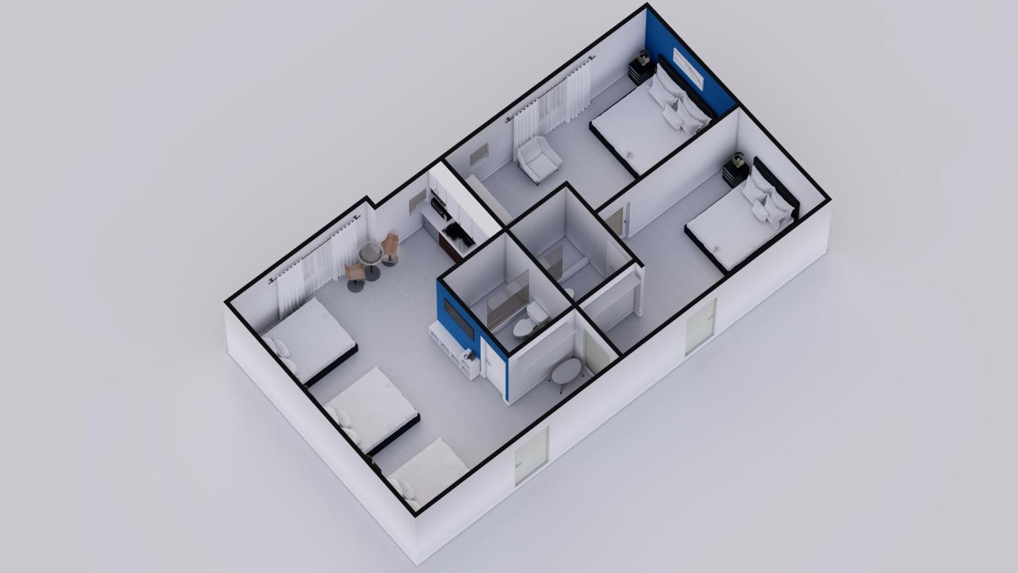 Suite grupal de 3 habitaciones y dos baños con cocina