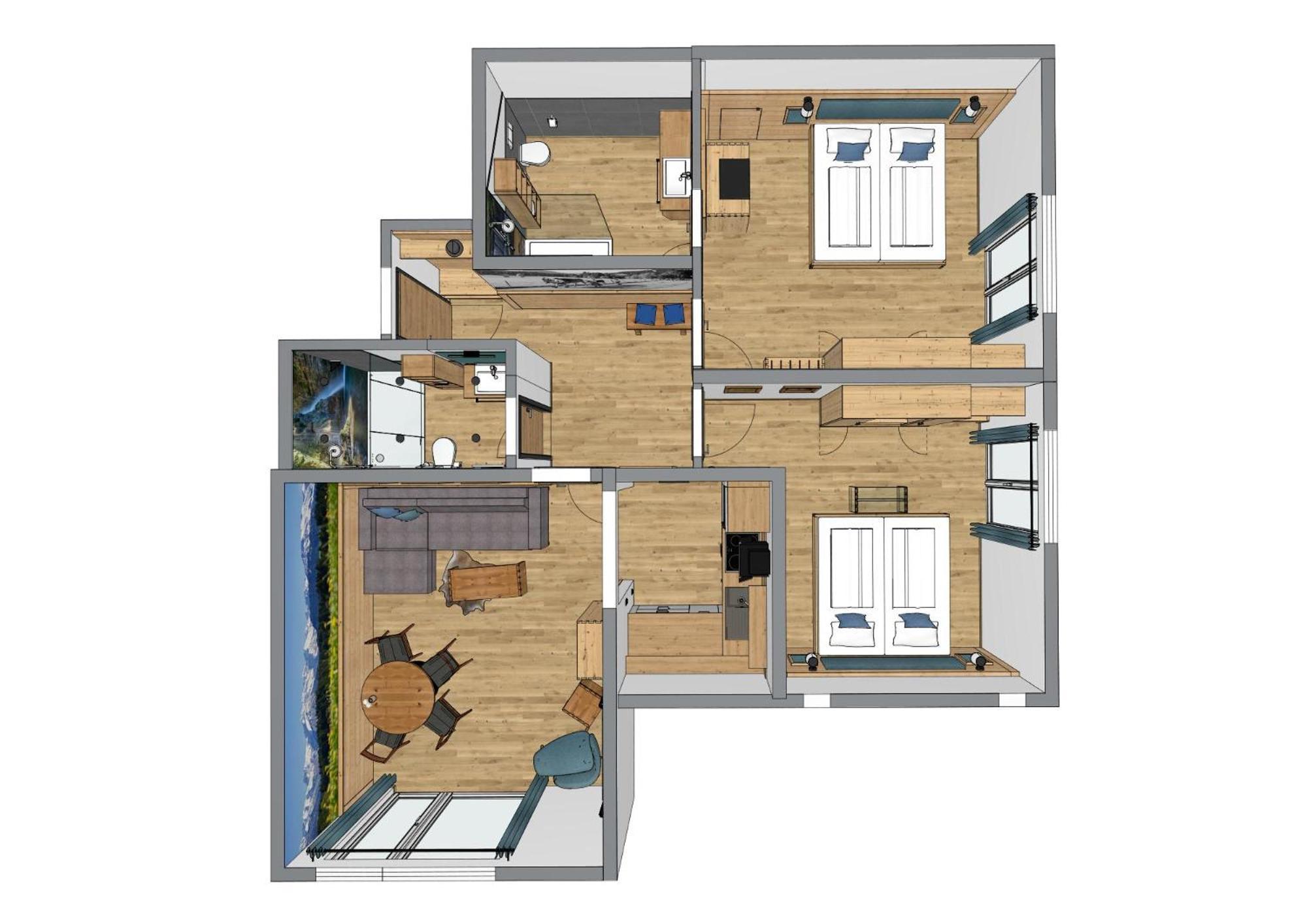 Apartment mit 2 Schlafzimmern und Dusche