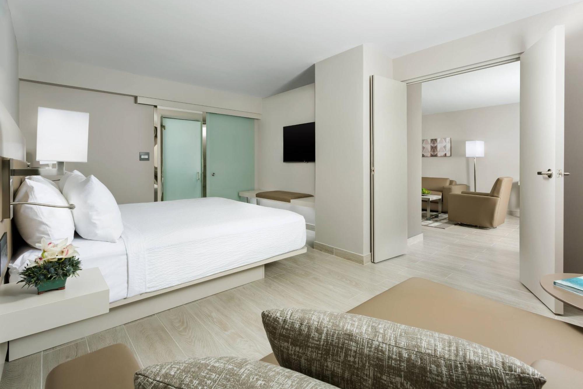 Suite de 1 dormitorio con cama doble grande, sofá cama y balcón